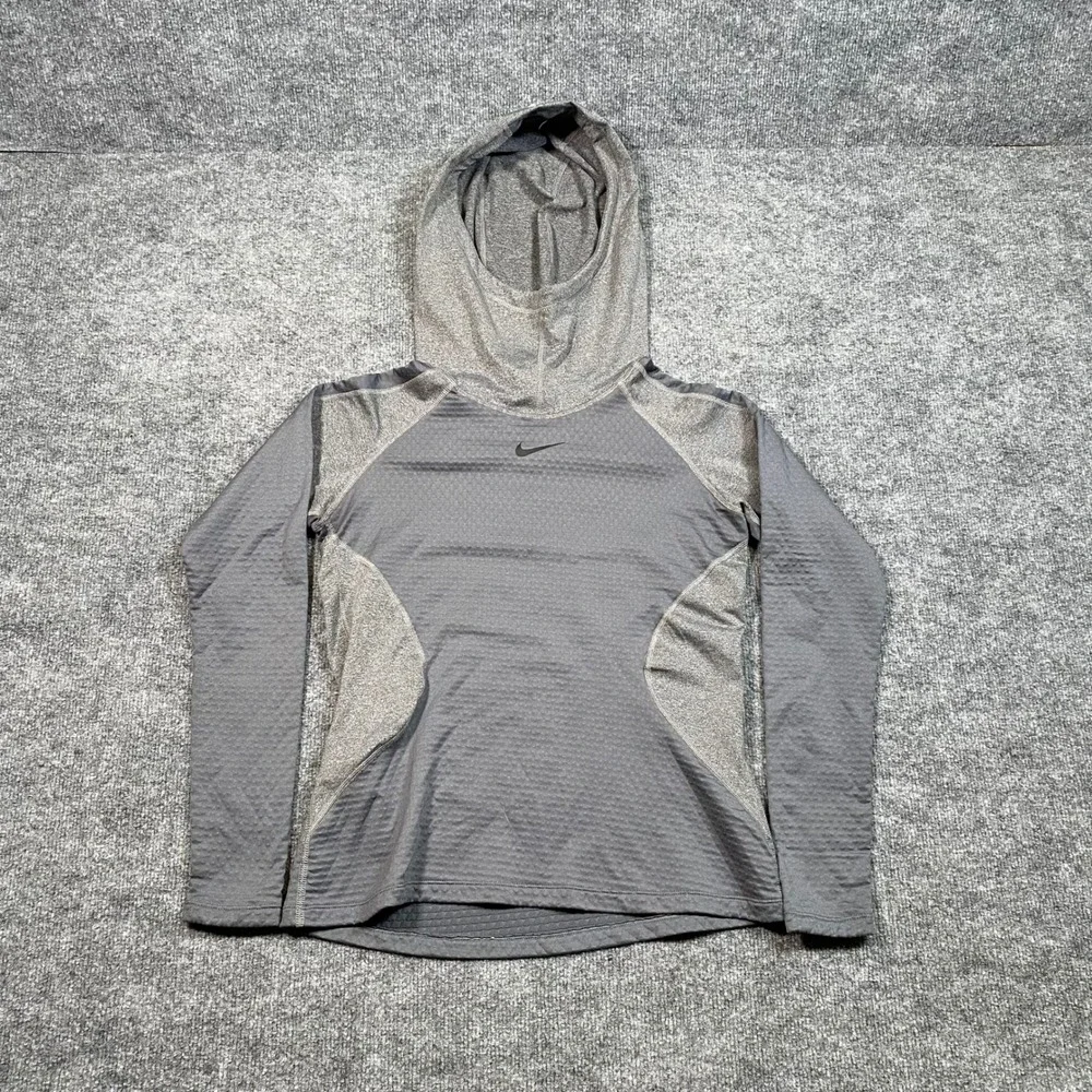 Nike Pro Hyperwarm Womens Grey Waffle Knit Hooded Training Top 931977-071 Medium